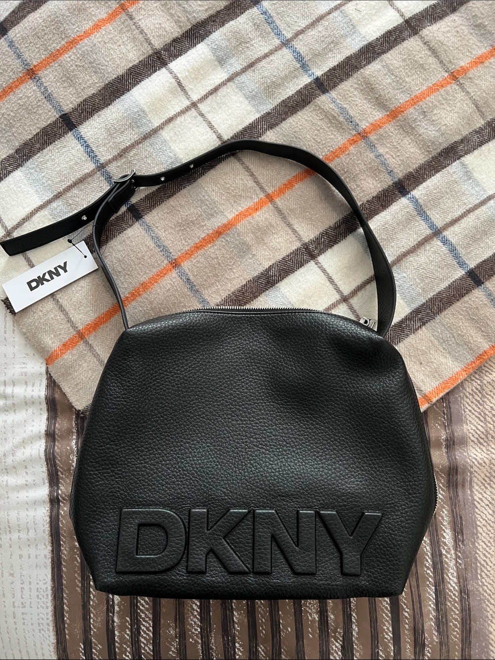 DKNY Black Pebbled Shoulder Bag with Embossed Logo